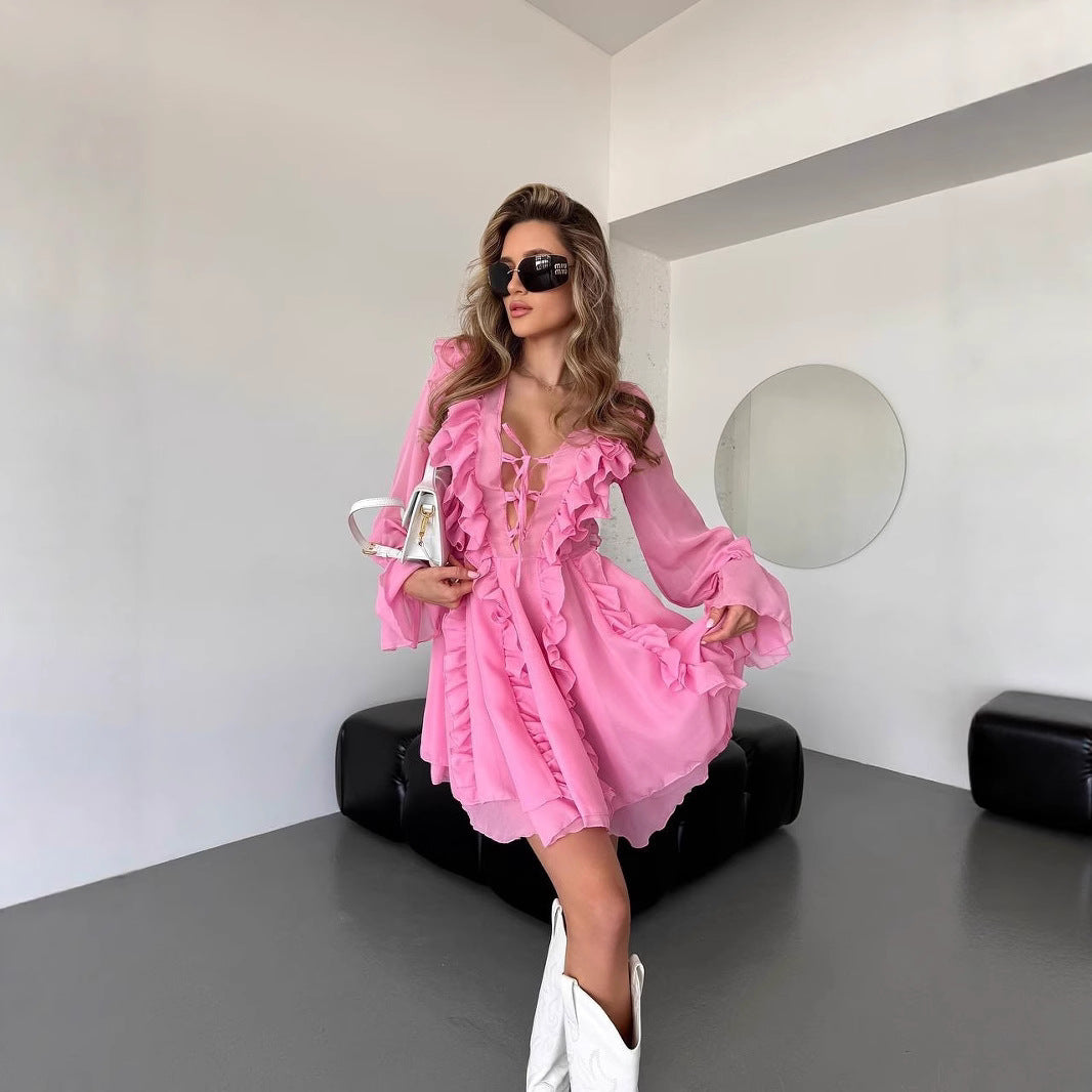 Women Chiffon Mini Dress with Ruffles, Deep V-Neck and Balloon Sleeves Mune Fashion