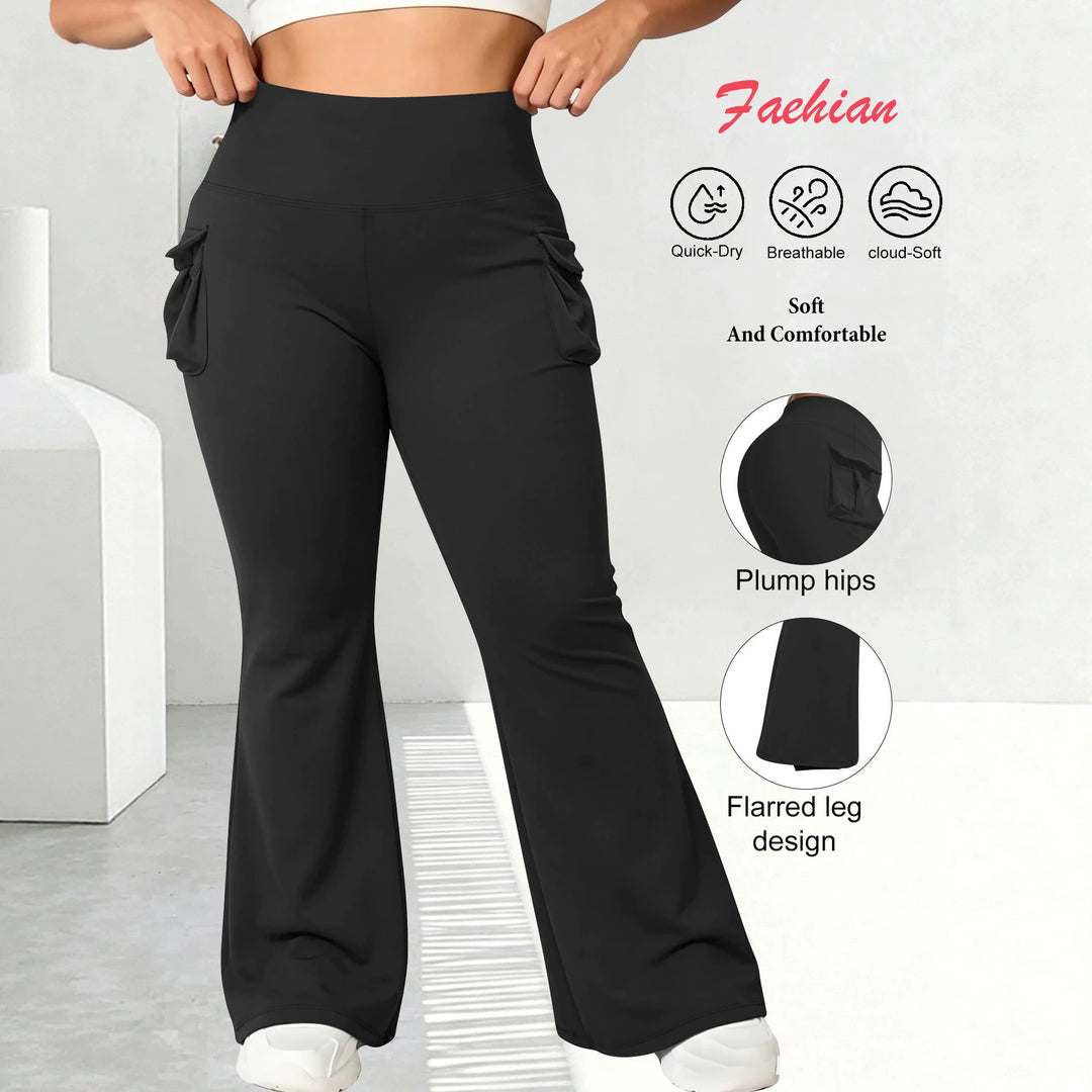 Women High-Waist Flared-Leggings with side ruffles and mobile pockets Mune Fashion