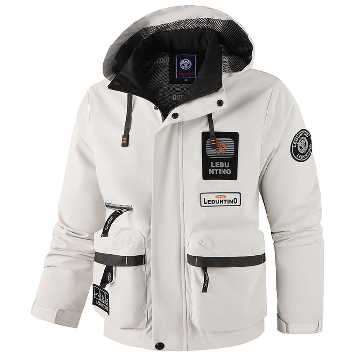 Men's nano technical field jacket with hood and multifunctional pockets, water-repellent softshell fabric