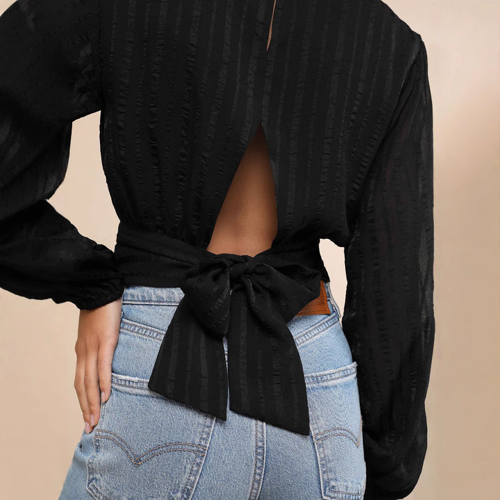 Women's Backless Blouse Top with Back Slit, Waistband and Structured Stripes Mune Fashion