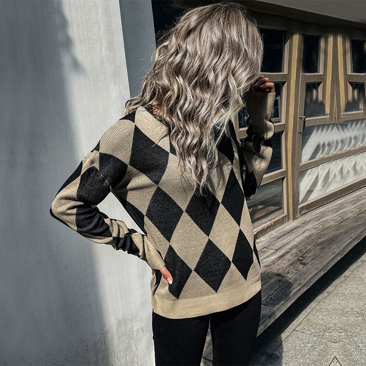 Women's diamond-pattern knitted sweater with loose fit and ribbed cuffs Mune Fashion