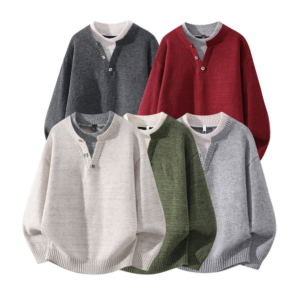 Unisex Oversize Knit Sweater with Half-Placket Henley, Ribbed Hem & Drop Shoulder Mune Fashion