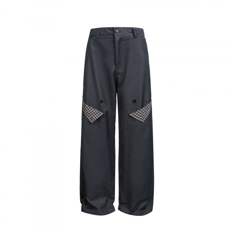 Women's Wide Cargo Pants with Checked Pattern Inserts and Decorative Button Plackets Mune Fashion