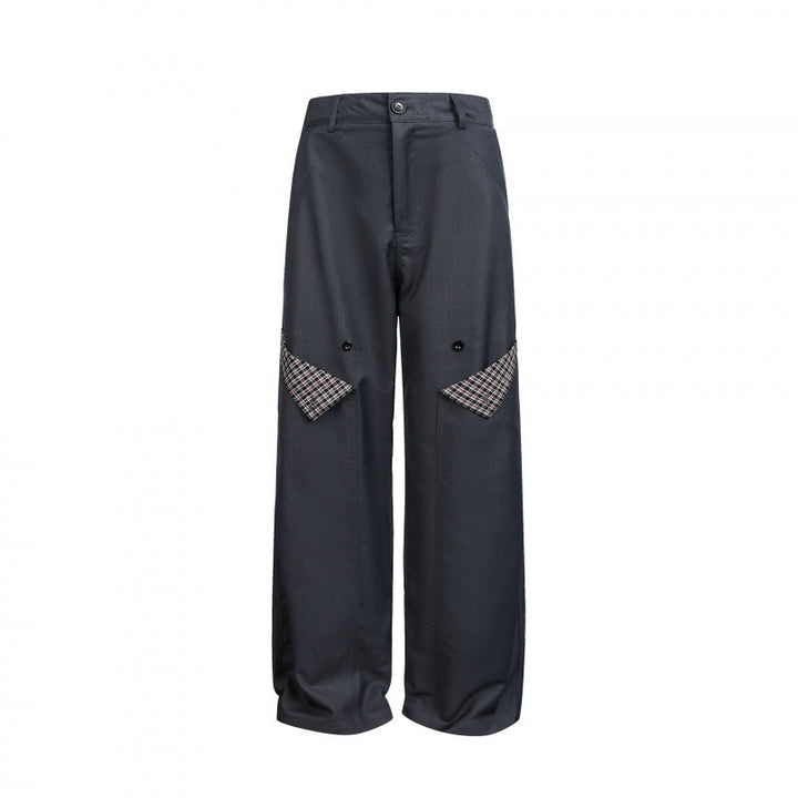 Women's Wide Cargo Pants with Checked Pattern Inserts and Decorative Button Plackets Mune Fashion