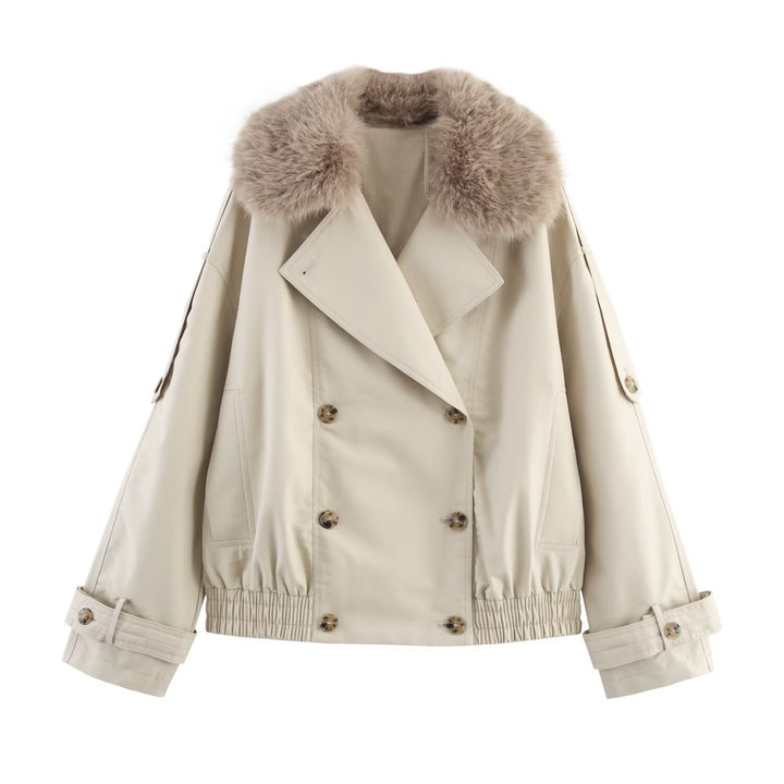 Women's short jacket in blouson trench style with detachable faux fur collar Mune Fashion