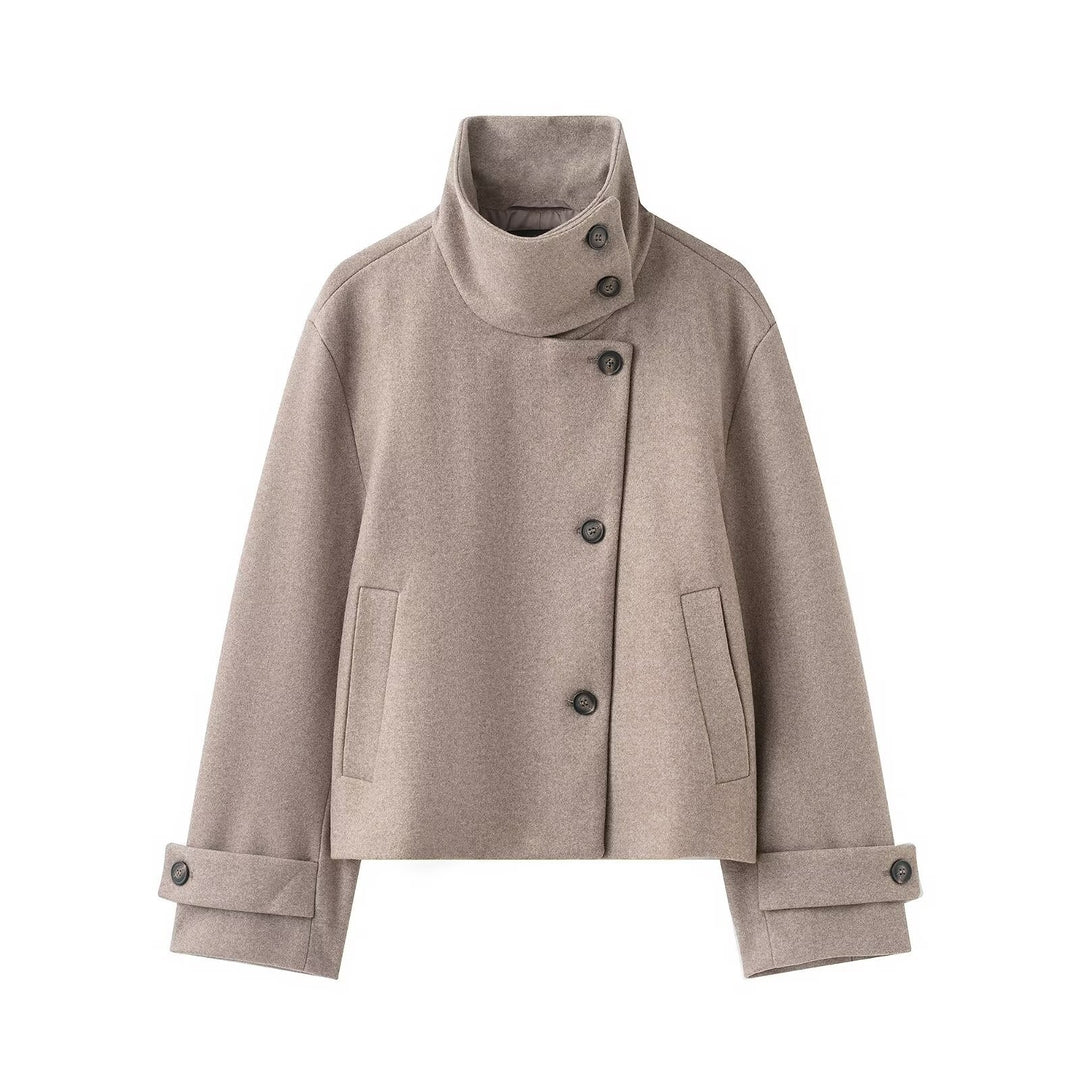 Women's Cropped Wool Blend Short Jacket with High Stand Collar, Asymmetric Button Placket and Cuffed Sleeves Mune Fashion