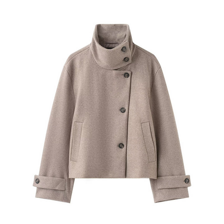 Women's Cropped Wool Blend Short Jacket with High Stand Collar, Asymmetric Button Placket and Cuffed Sleeves Mune Fashion