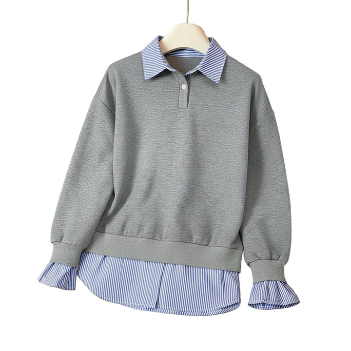 Ladies Layered-Look Sweatshirt with Integrated Shirt Hem and Ruffled Cuffs Mune Fashion