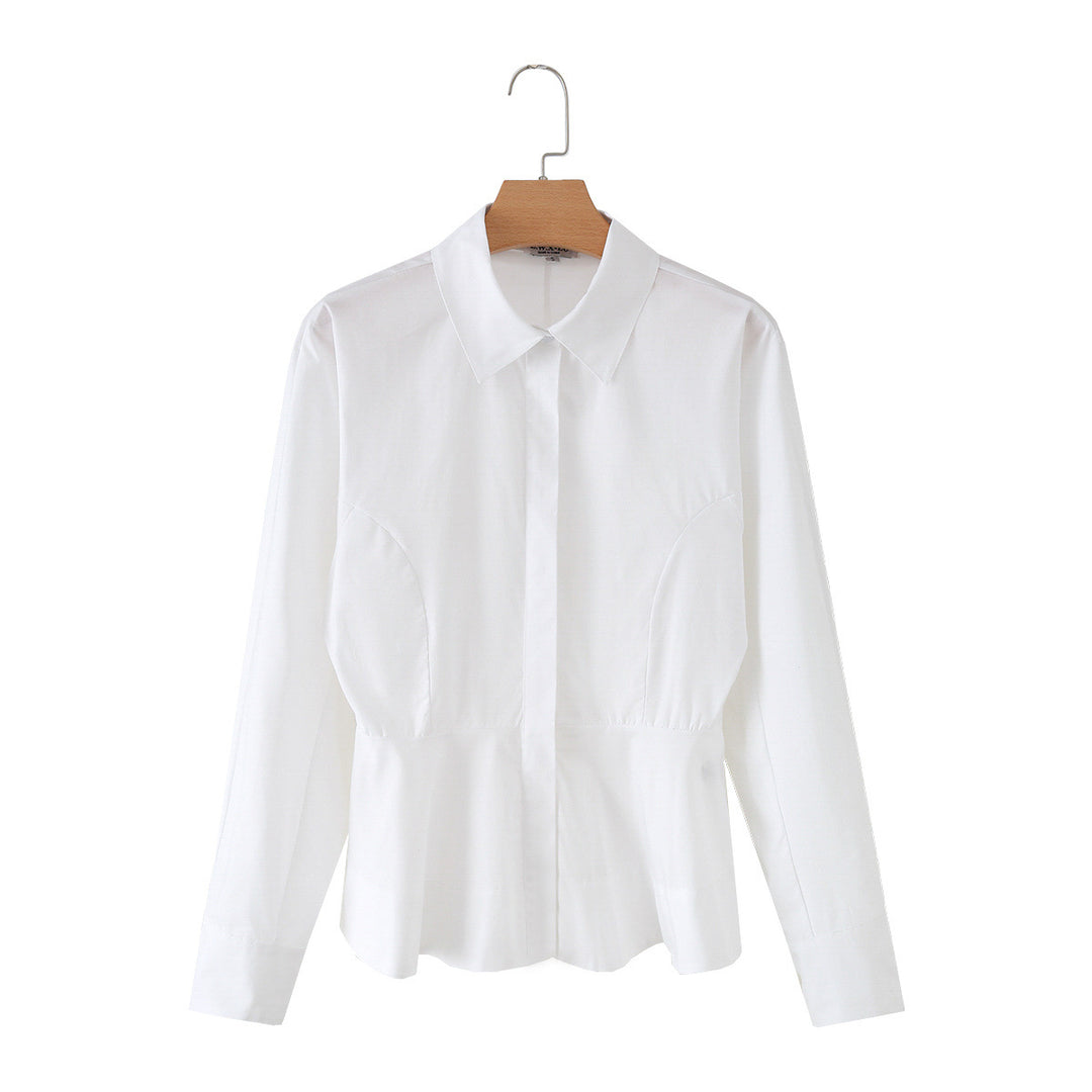 Women's Tailored Poplin Blouse with Bust Darts and Concealed Button Placket Mune Fashion