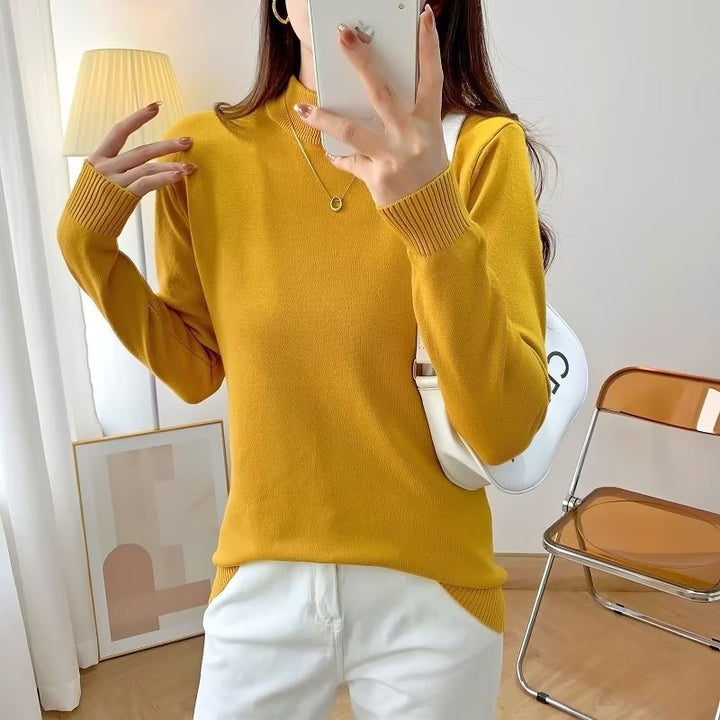 Ladies Fine Long Sleeve Fine Knit Sweater with Narrow Stand-Up Collar and Ribbed Cuffs Mune Fashion