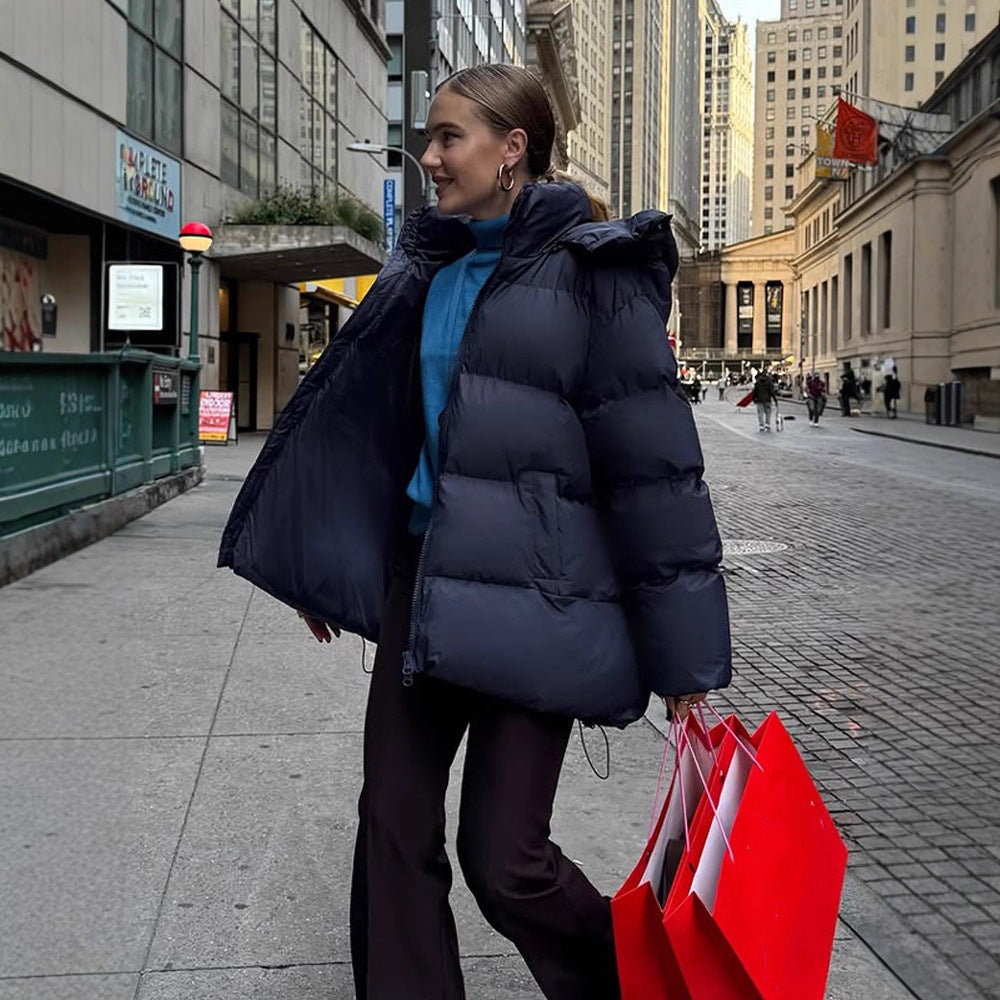 Women's Oversized Quilted Puffer Jacket with Removable Hood and Two-Way Zipper Mune Fashion