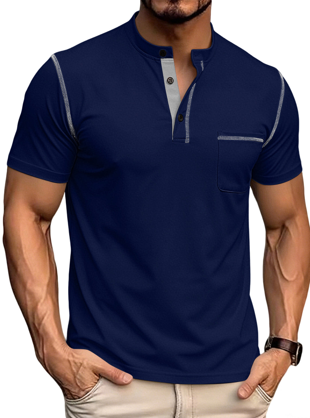Men's short-sleeved Henley shirt with stand-up collar, chest pocket, and contrasting decorative stitching Mune Fashion
