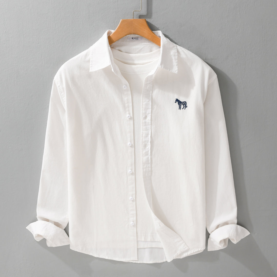 Men's Cotton Oxford Shirt Jacket in Layering Style with Subtle Zebra Embroidery and Kent Collar Mune Fashion