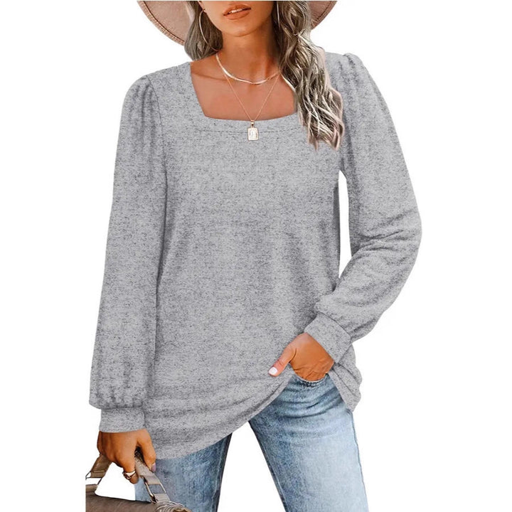 Women's relaxed fine-knit sweater with square neckline, puff shoulder, and cuffs