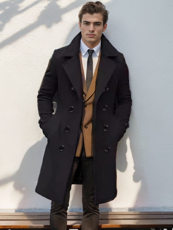 Men's Longer Tailored Wool Coat with Lapel Collar and Flap Pockets Mune Fashion