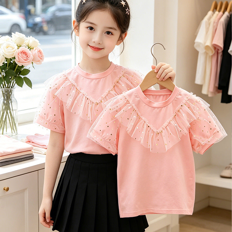Girl T-shirt with ruffle details and transparent puff sleeves Mune Fashion