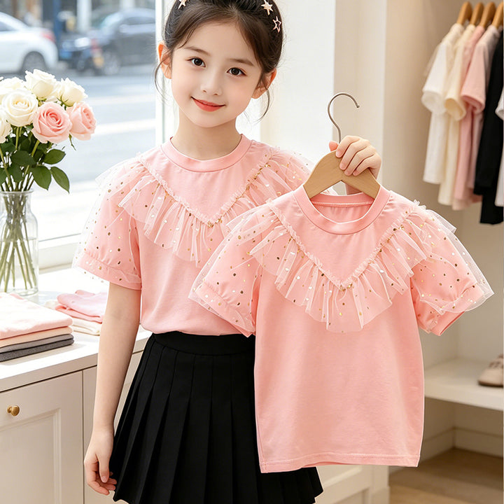 Girl T-shirt with ruffle details and transparent puff sleeves Mune Fashion