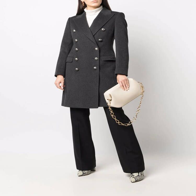 Women's Double-breasted Wool Blend Coat with Conical Gold Buttons and Slim Fit Mune Fashion