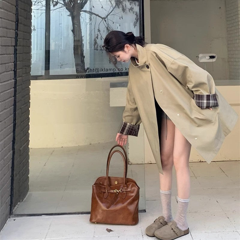 Women's Short Trench with Stand-Up Collar, Concealed Snap Placket and Checked Sleeve Trim Mune Fashion