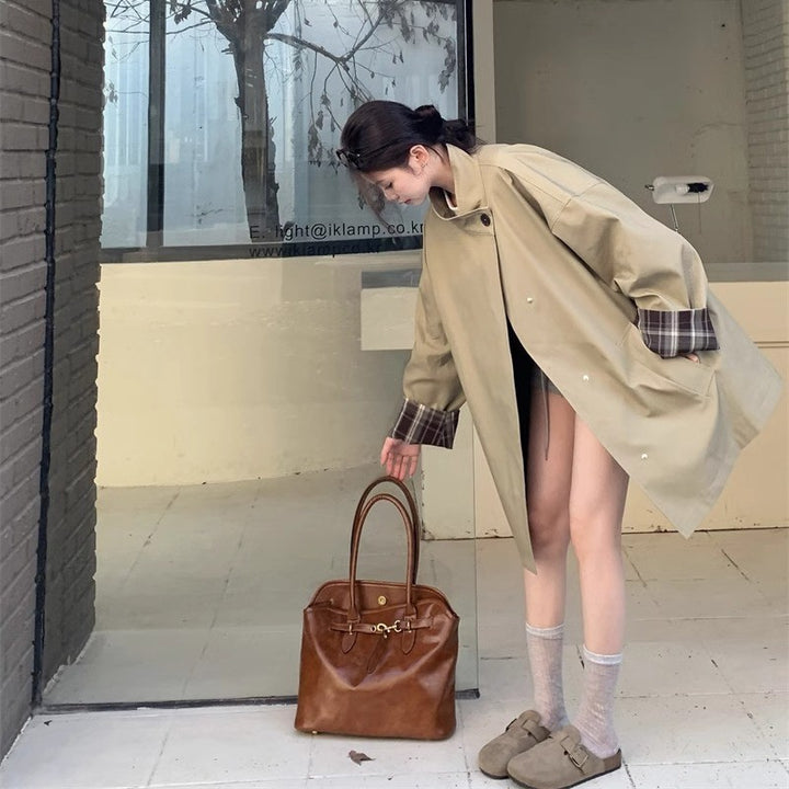 Women's Short Trench with Stand-Up Collar, Concealed Snap Placket and Checked Sleeve Trim Mune Fashion