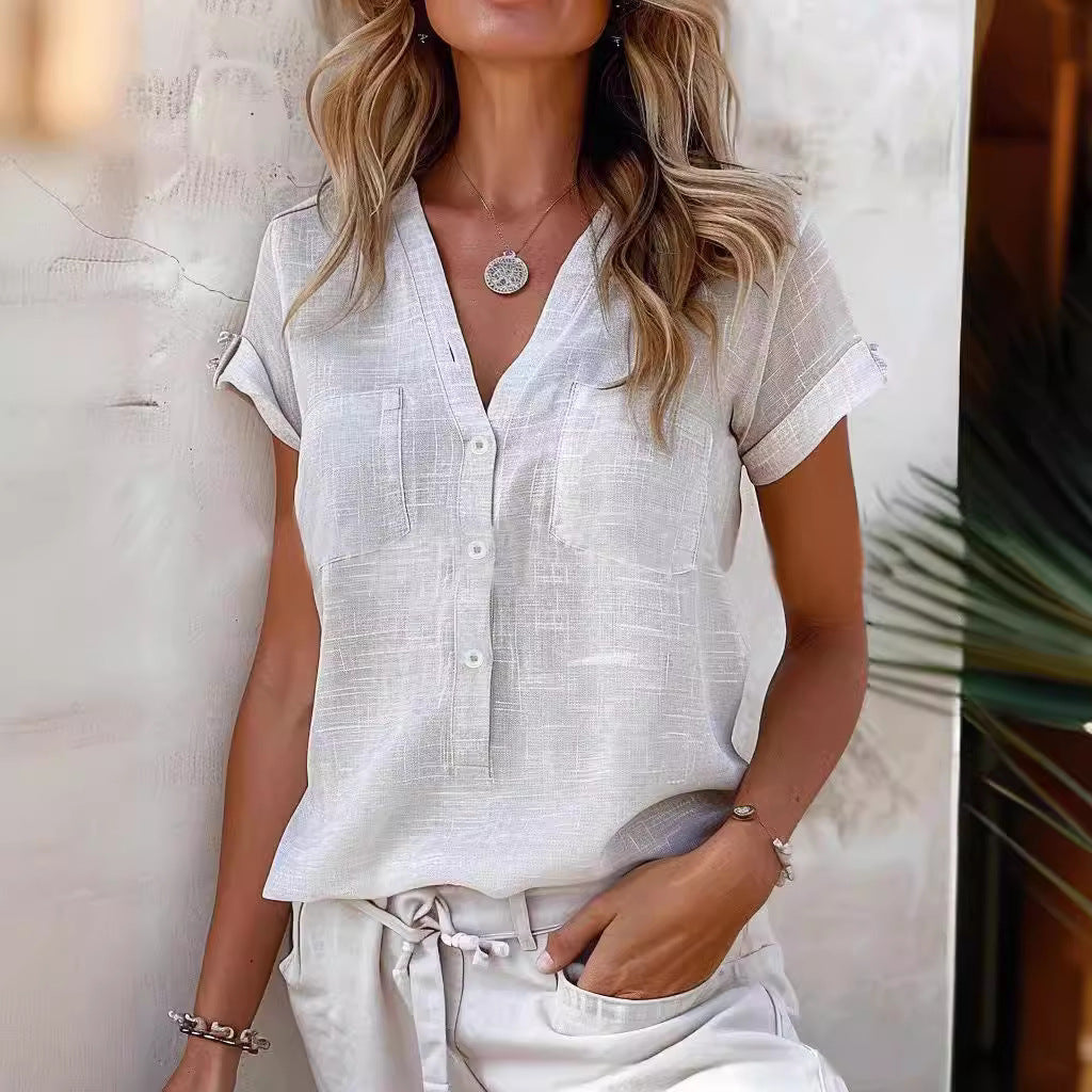 Women Short Sleeve Linen Blouse with Button Details Mune Fashion