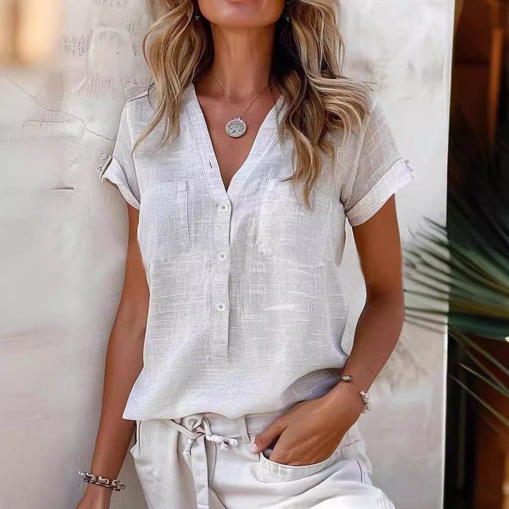 Women Short Sleeve Linen Blouse with Button Details Mune Fashion