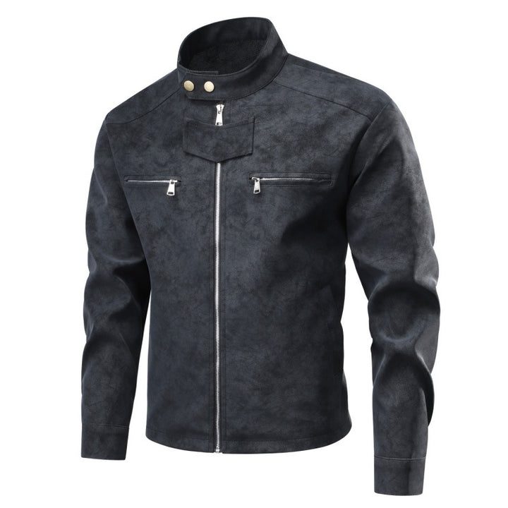 Men's suede leather look biker jacket with stand-up collar, chest zipper pockets & concealed snap button placket Mune Fashion