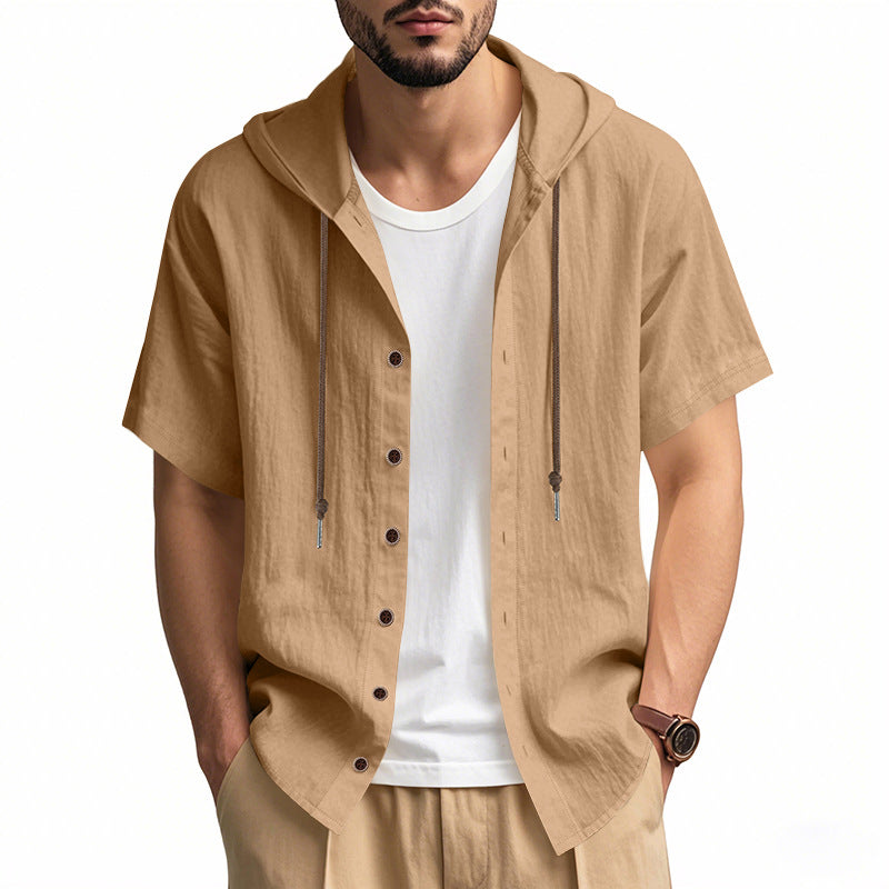 Men's breathable short sleeve hoodie made of linen blend with wooden button placket and drawstring Mune Fashion