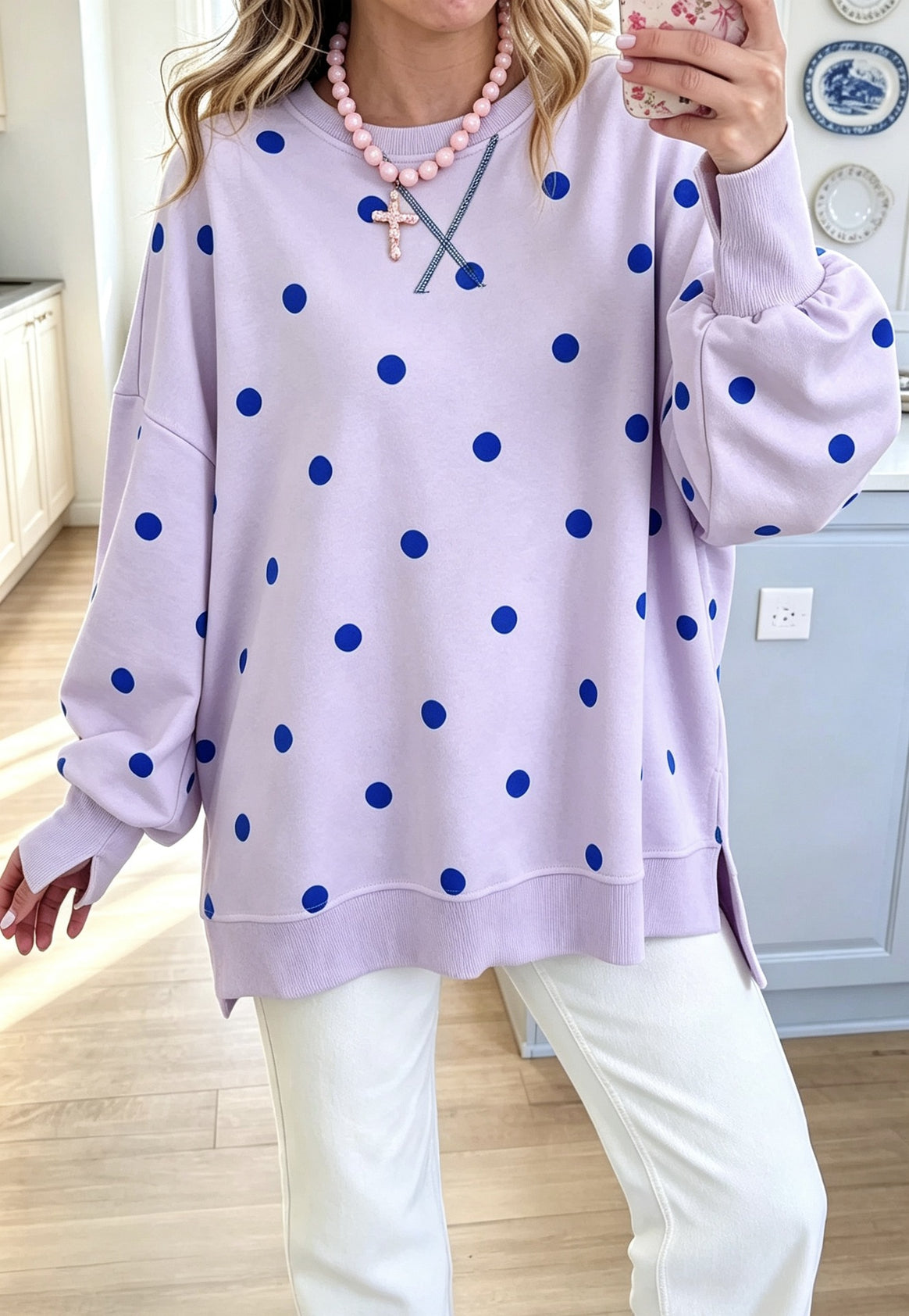 Women's Oversize Sweatshirt with Puff Sleeves, Polka Dots and Side Slits Mune Fashion
