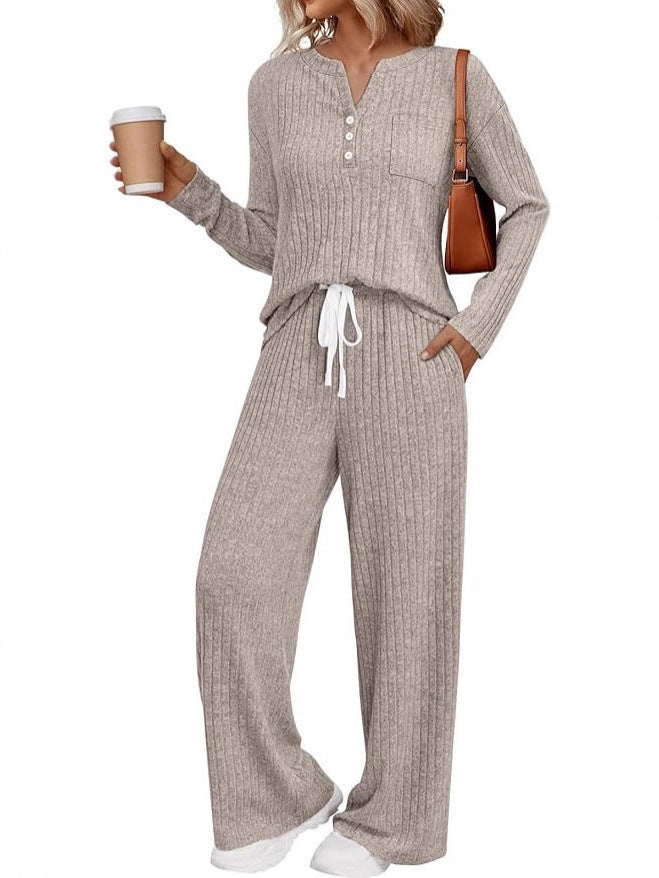 Women Ribbed Knit Lounge Set with Button Placket and Wide Drawstring Pants Mune Fashion