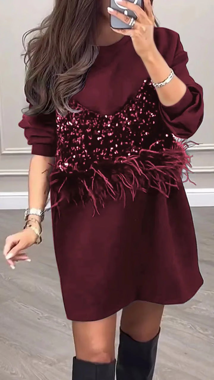 Women's Nan Sweat Mini Dress with Sequin Bustier and Feather Trim Mune Fashion