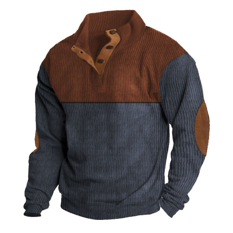 Men's ribbed knit pullover with stand-up collar, button placket and distinctive elbow patches Mune Fashion