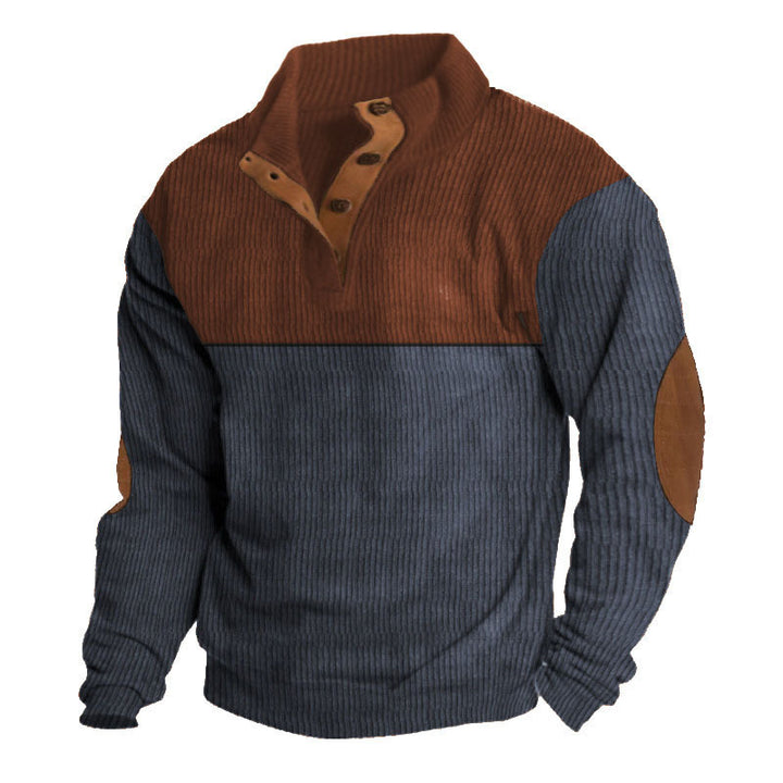 Men's structured rugby sweater with stand-up collar, button placket, and leather elbow patches Mune Fashion