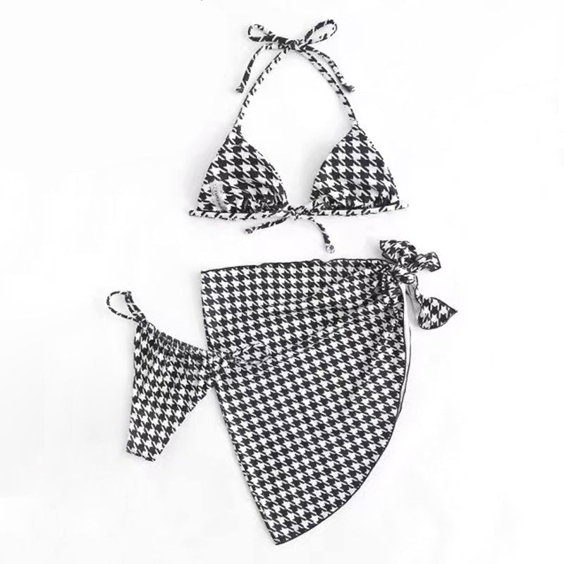 Women's bikini set with modern houndstooth pattern and chic wrap skirt Mune Fashion