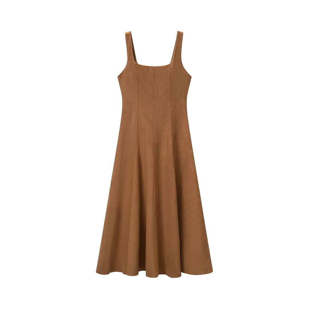 Women's A-line midi dress in suede look with square neckline and princess seams Mune Fashion