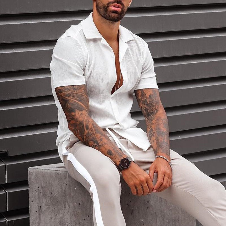 Men's airy beach shirt made of linen blend with lapel collar and open button placket Mune Fashion