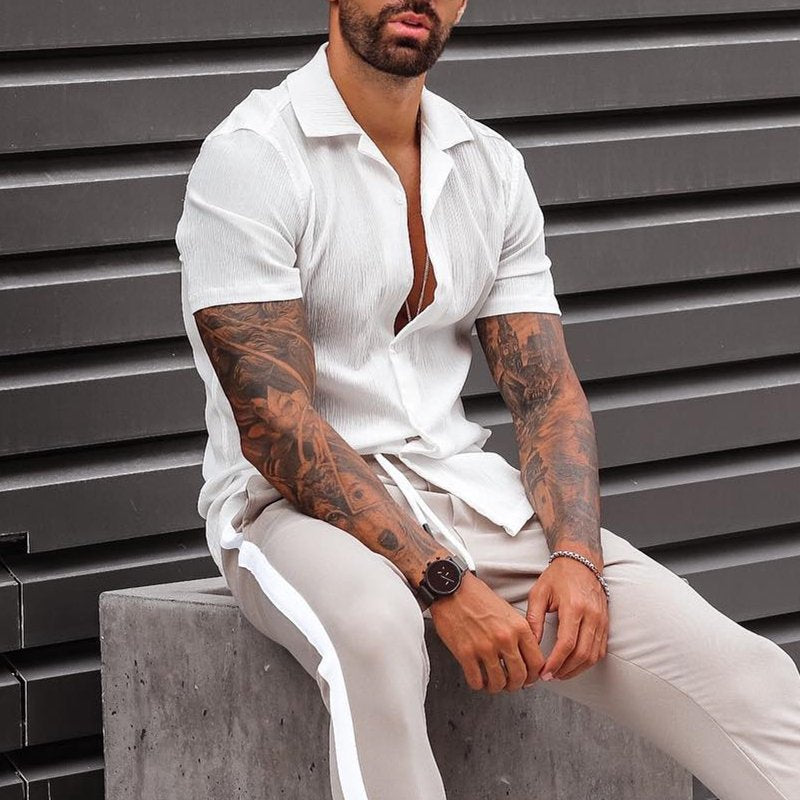 Men's airy beach shirt made of linen blend with lapel collar and open button placket Mune Fashion