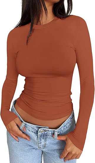 Ladies Body-hugging Long Sleeve Shirt in Cropped Look with Extended Sleeves and Thumb Hole Mune Fashion
