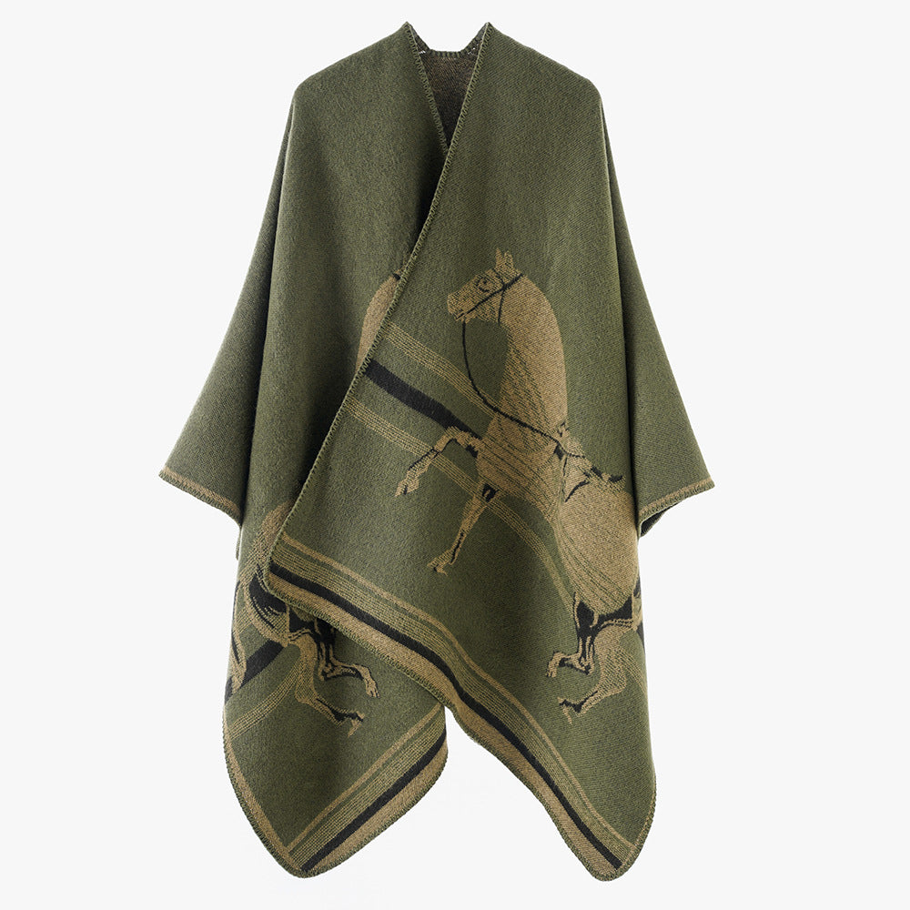 Women's poncho-cape made of wool blend with woven horse jacquard and contrasting piping Mune Fashion