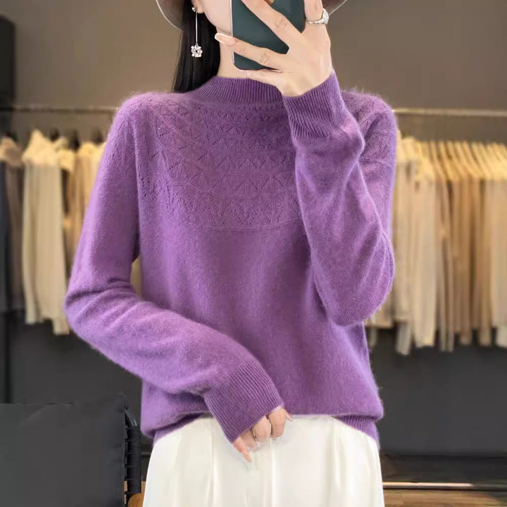 Women's Cozy Mohair Look Pullover with Decorative Structure on the Top and High Collar Mune Fashion