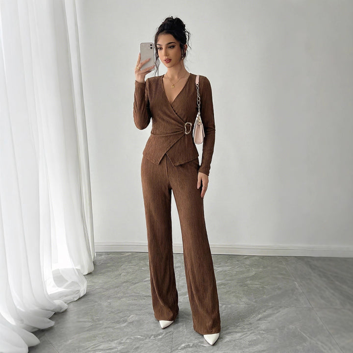 Women's tailored wrap two-piece with decorative buckle and wide pant leg Mune Fashion