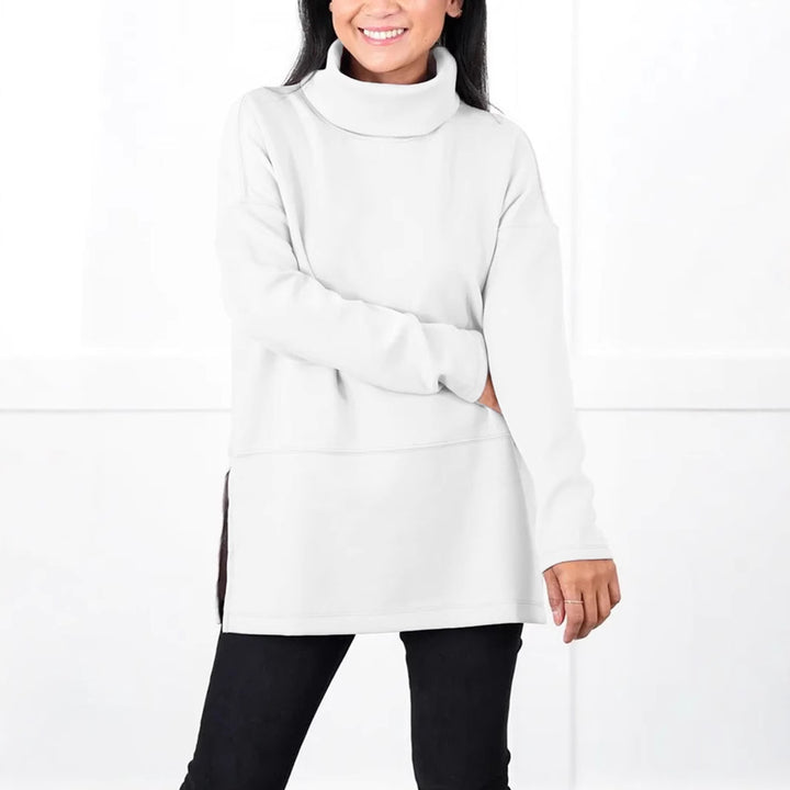 Women's Oversize Sweat Tunic with High Roll Neck, Side Slits and Extended Hem Mune Fashion