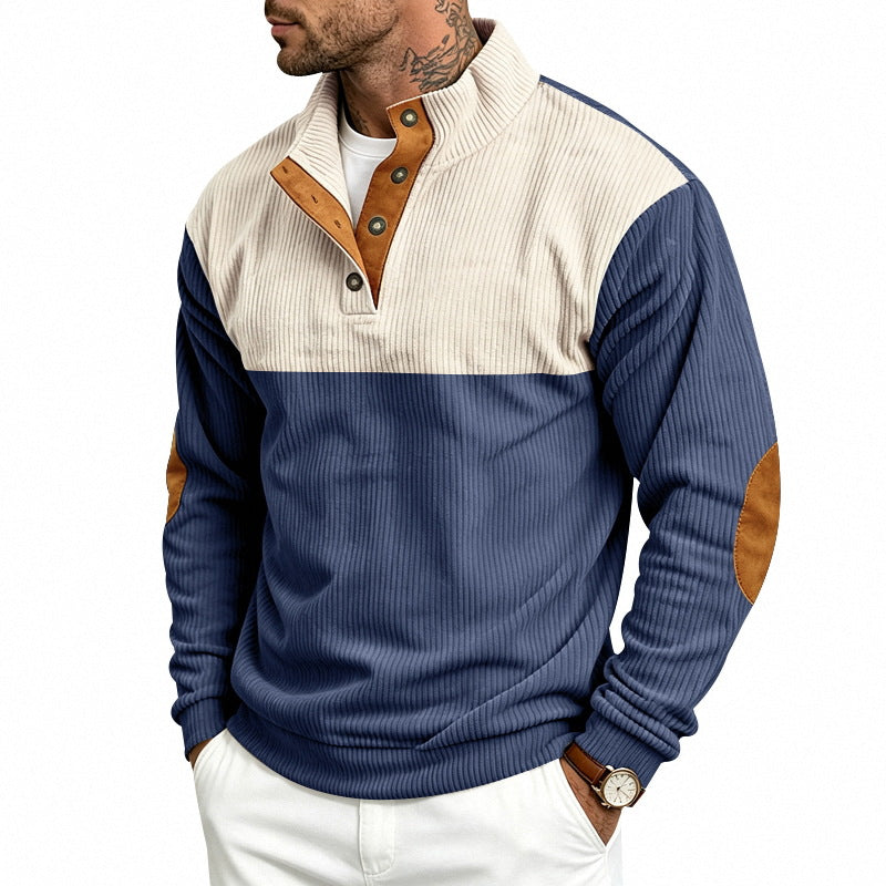 Men's Structured Jumper with Stand-Up Collar, Press Button Placket and Elbow Patches Mune Fashion
