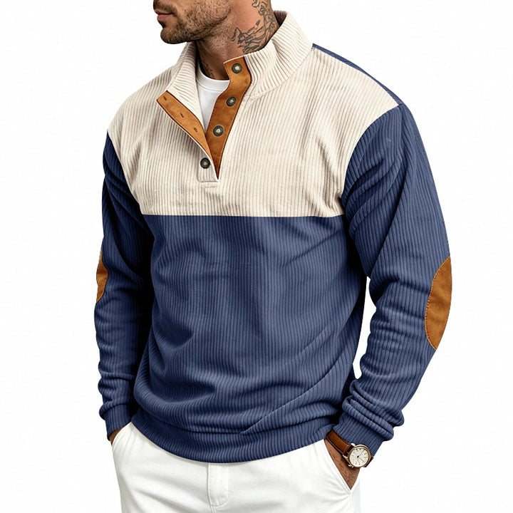 Men's Structured Jumper with Stand-Up Collar, Press Button Placket and Elbow Patches Mune Fashion