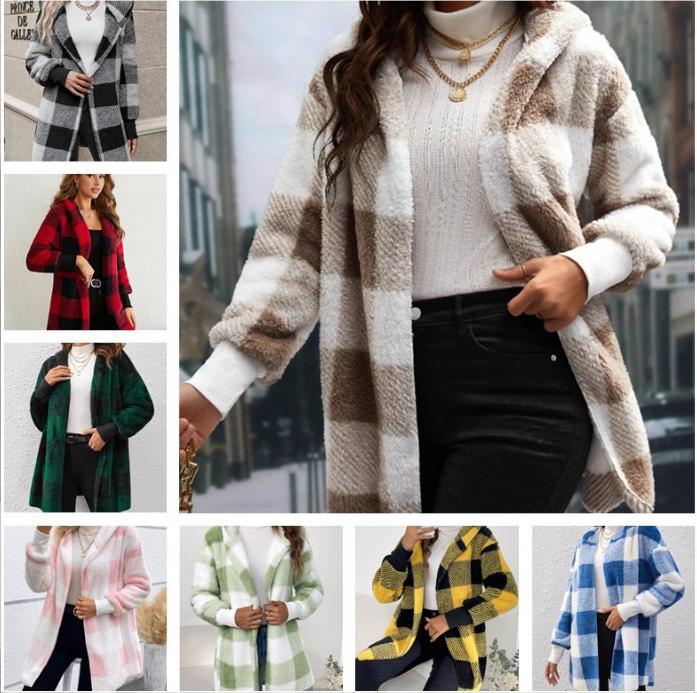 Women's checked teddy coat with large lapel collar and ribbed cuffs Mune Fashion