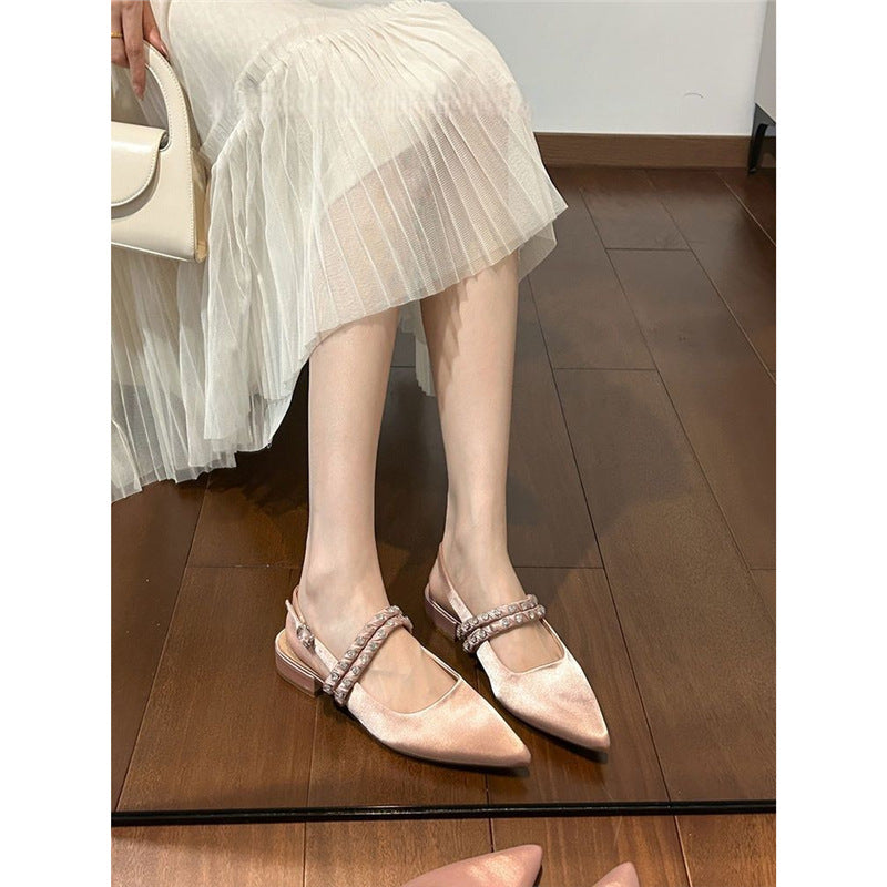 Women's pointed satin mules with padded comfort footbed, low block heel and crystal-studded decorative strap Mune Fashion