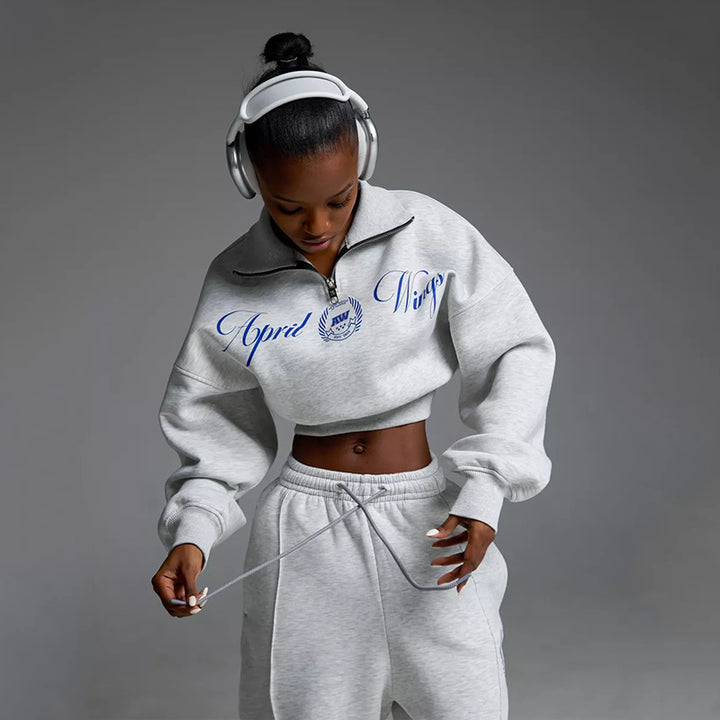 Women Cropped Half-zip Sweatshirt with Wide High-Waist Lounge Pants Set Mune Fashion