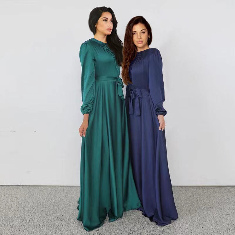 Women's maxi dress made of flowing satin with stand-up collar and tie belt Mune Fashion
