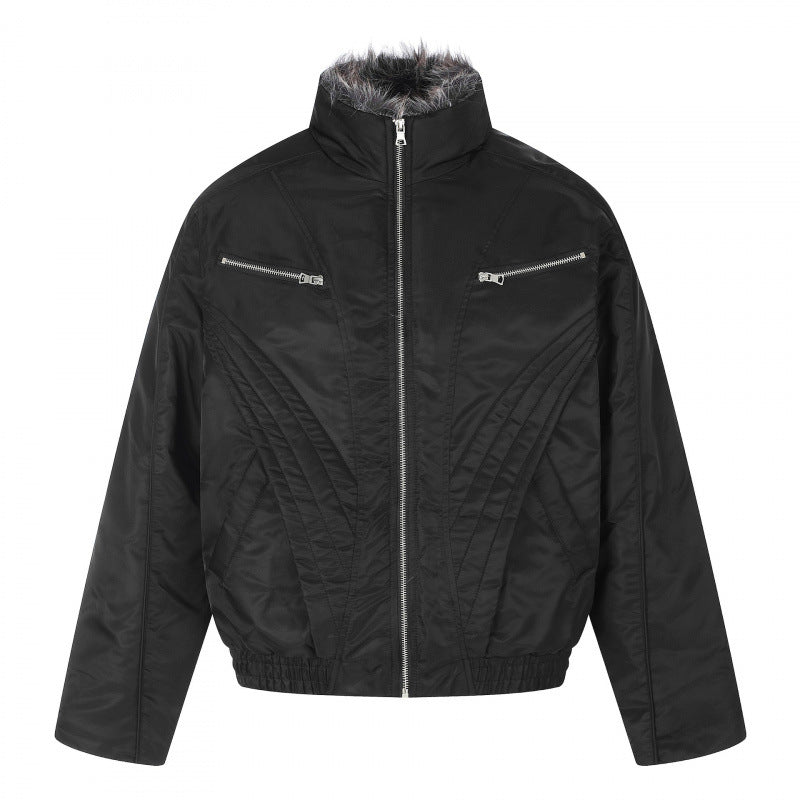 Men's short jacket in retro puffer style with high-closing faux fur collar and decorative wave quilting Mune Fashion