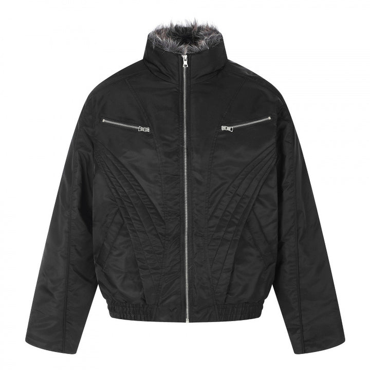 Men's short jacket in retro puffer style with high-closing faux fur collar and decorative wave quilting Mune Fashion